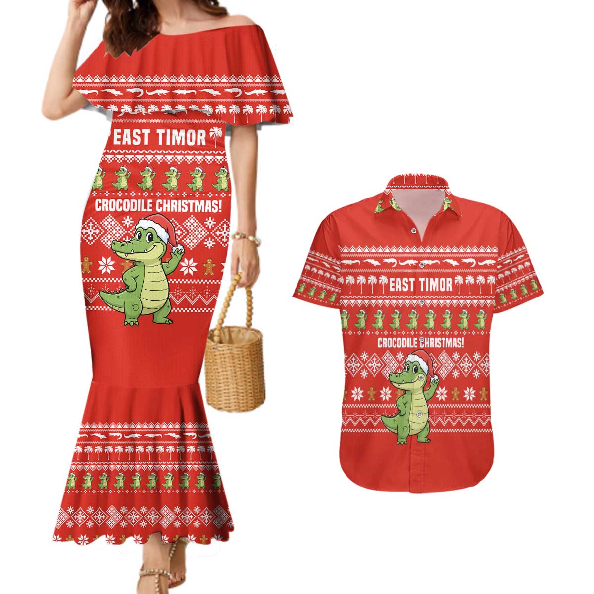 East Timor Christmas Couples Matching Mermaid Dress and Hawaiian Shirt with Santa Crocodile Gingerbread Palm Trees and Red Holiday - Wonder Print Shop