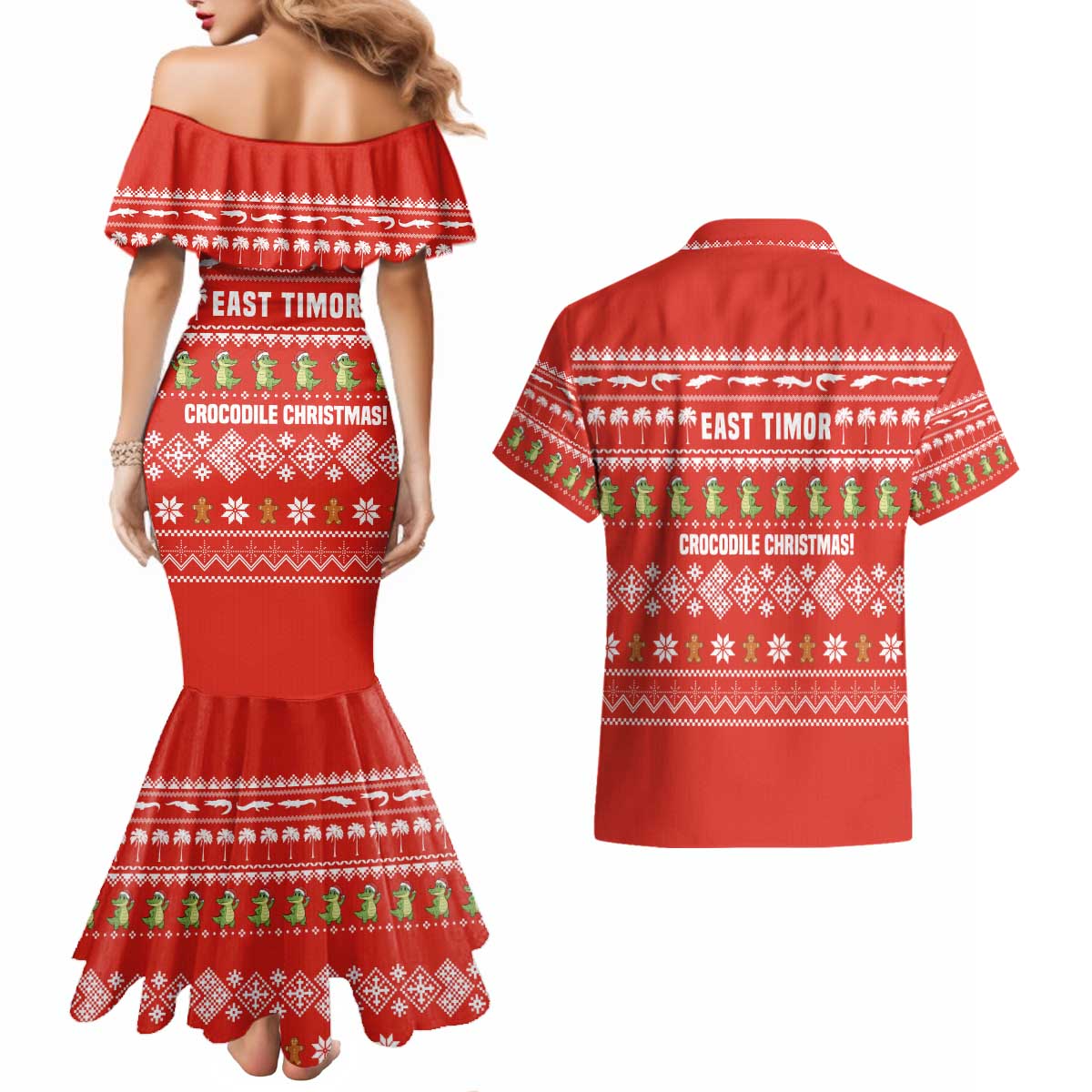 East Timor Christmas Couples Matching Mermaid Dress and Hawaiian Shirt with Santa Crocodile Gingerbread Palm Trees and Red Holiday - Wonder Print Shop