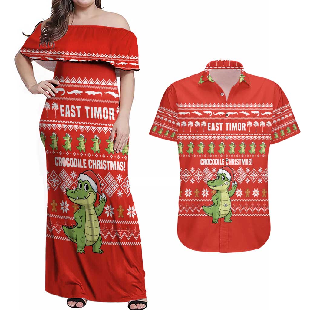 East Timor Christmas Couples Matching Off Shoulder Maxi Dress and Hawaiian Shirt with Santa Crocodile Gingerbread Palm Trees and Red Holiday - Wonder Print Shop
