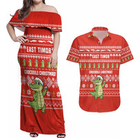 East Timor Christmas Couples Matching Off Shoulder Maxi Dress and Hawaiian Shirt with Santa Crocodile Gingerbread Palm Trees and Red Holiday - Wonder Print Shop