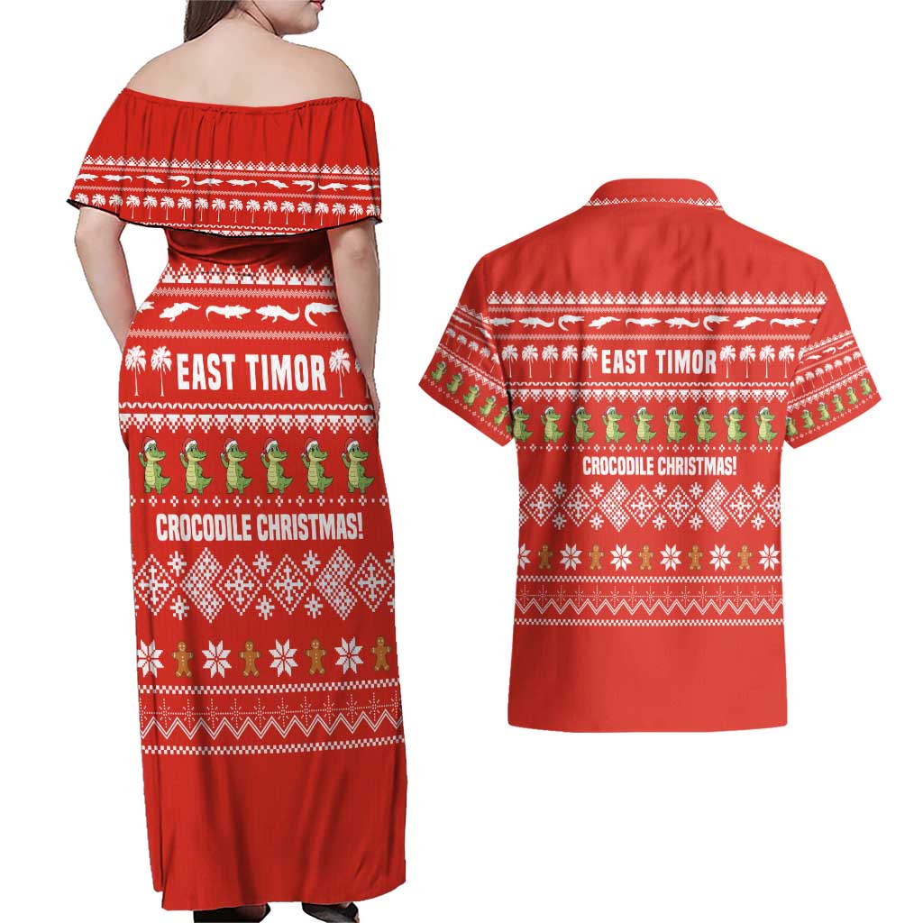East Timor Christmas Couples Matching Off Shoulder Maxi Dress and Hawaiian Shirt with Santa Crocodile Gingerbread Palm Trees and Red Holiday - Wonder Print Shop