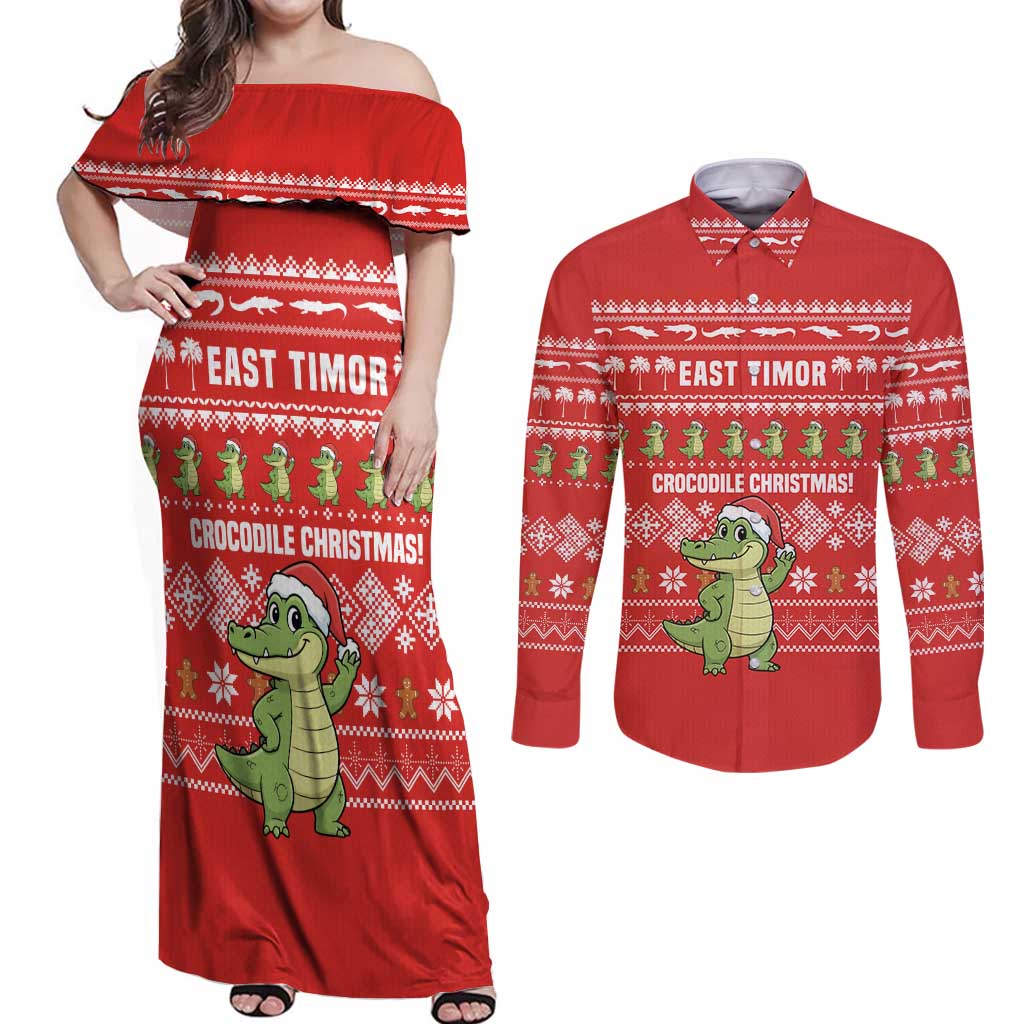 East Timor Christmas Couples Matching Off Shoulder Maxi Dress and Long Sleeve Button Shirt with Santa Crocodile Gingerbread Palm Trees and Red Holiday - Wonder Print Shop