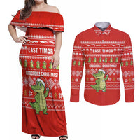 East Timor Christmas Couples Matching Off Shoulder Maxi Dress and Long Sleeve Button Shirt with Santa Crocodile Gingerbread Palm Trees and Red Holiday - Wonder Print Shop
