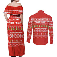 East Timor Christmas Couples Matching Off Shoulder Maxi Dress and Long Sleeve Button Shirt with Santa Crocodile Gingerbread Palm Trees and Red Holiday - Wonder Print Shop