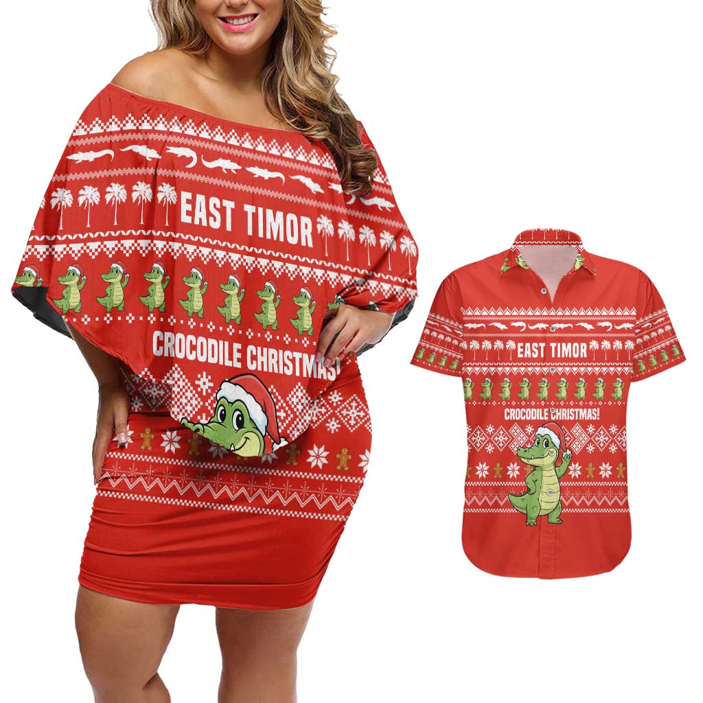 East Timor Christmas Couples Matching Off Shoulder Short Dress and Hawaiian Shirt with Santa Crocodile Gingerbread Palm Trees and Red Holiday - Wonder Print Shop