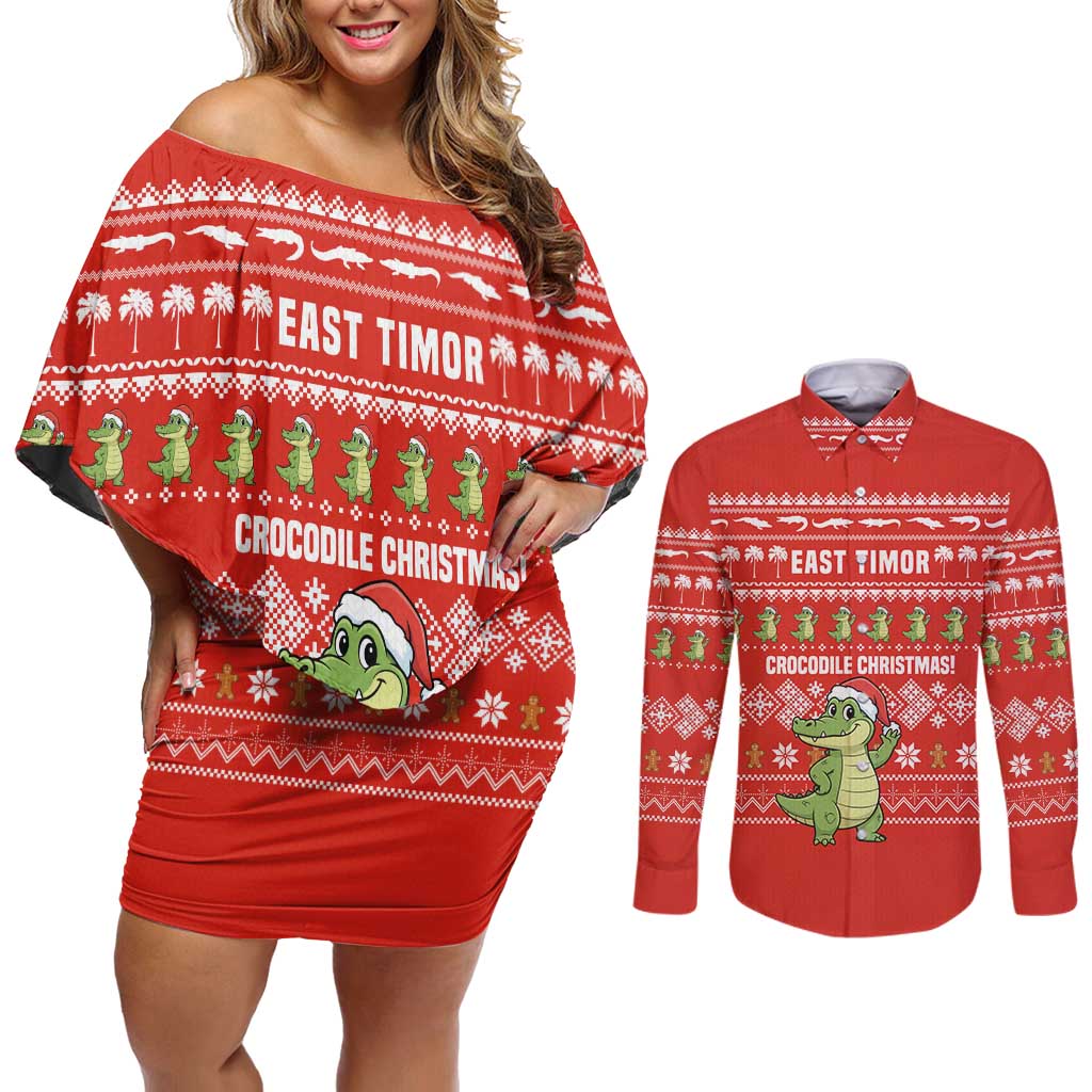 East Timor Christmas Couples Matching Off Shoulder Short Dress and Long Sleeve Button Shirt with Santa Crocodile Gingerbread Palm Trees and Red Holiday - Wonder Print Shop