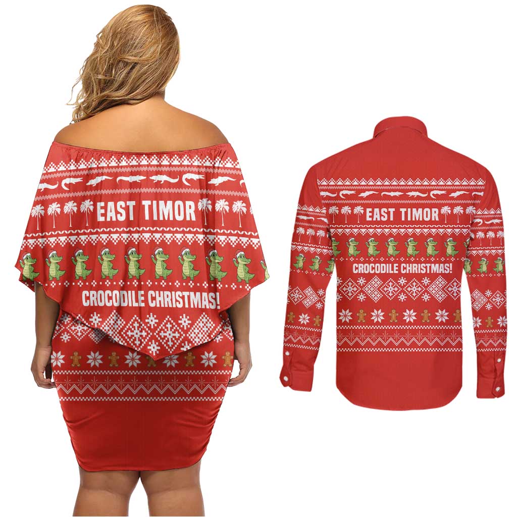East Timor Christmas Couples Matching Off Shoulder Short Dress and Long Sleeve Button Shirt with Santa Crocodile Gingerbread Palm Trees and Red Holiday - Wonder Print Shop