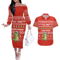 East Timor Christmas Couples Matching Off The Shoulder Long Sleeve Dress and Hawaiian Shirt with Santa Crocodile Gingerbread Palm Trees and Red Holiday - Wonder Print Shop