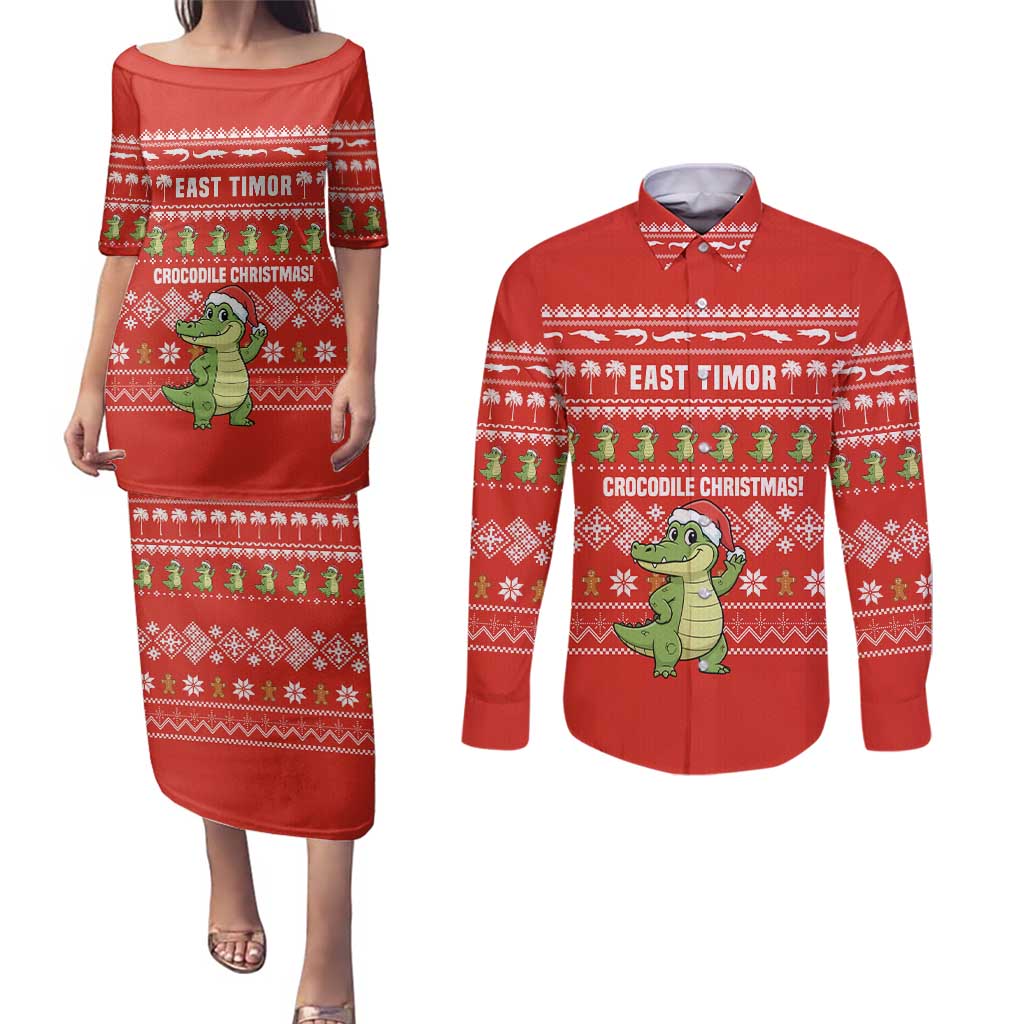 East Timor Christmas Couples Matching Puletasi and Long Sleeve Button Shirt with Santa Crocodile Gingerbread Palm Trees and Red Holiday - Wonder Print Shop