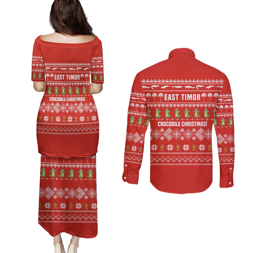 East Timor Christmas Couples Matching Puletasi and Long Sleeve Button Shirt with Santa Crocodile Gingerbread Palm Trees and Red Holiday - Wonder Print Shop