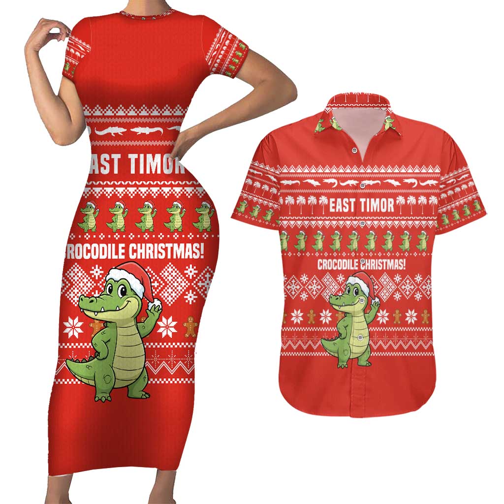 East Timor Christmas Couples Matching Short Sleeve Bodycon Dress and Hawaiian Shirt with Santa Crocodile Gingerbread Palm Trees and Red Holiday - Wonder Print Shop