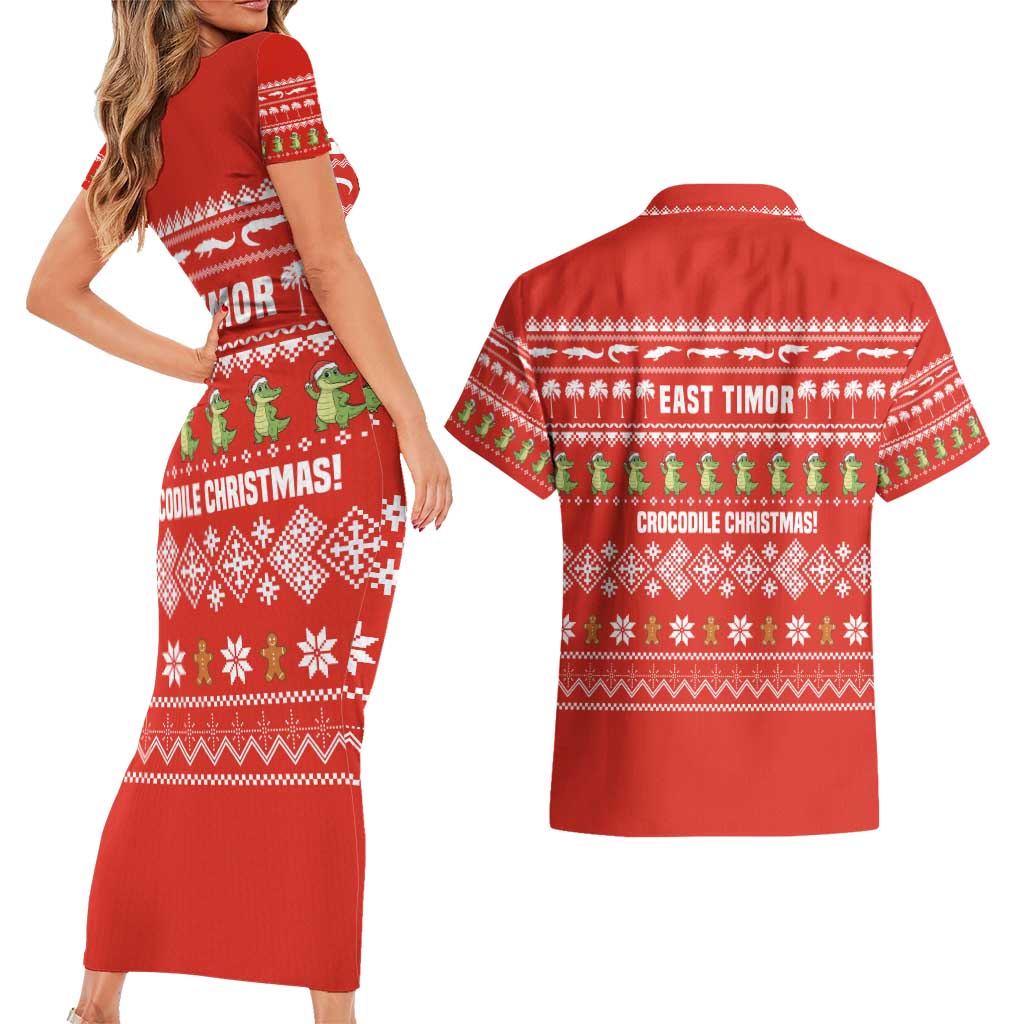 East Timor Christmas Couples Matching Short Sleeve Bodycon Dress and Hawaiian Shirt with Santa Crocodile Gingerbread Palm Trees and Red Holiday - Wonder Print Shop