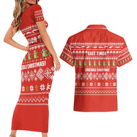 East Timor Christmas Couples Matching Short Sleeve Bodycon Dress and Hawaiian Shirt with Santa Crocodile Gingerbread Palm Trees and Red Holiday - Wonder Print Shop