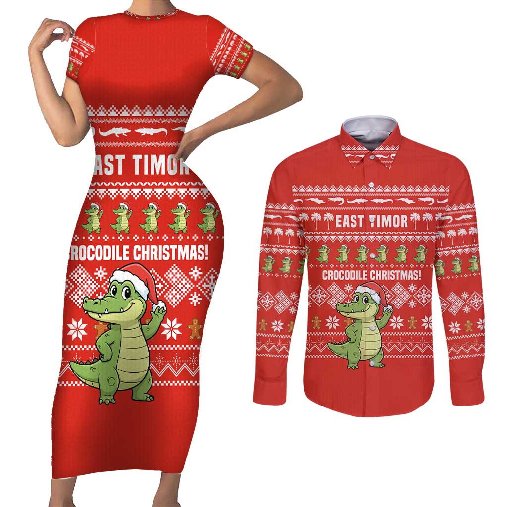 East Timor Christmas Couples Matching Short Sleeve Bodycon Dress and Long Sleeve Button Shirt with Santa Crocodile Gingerbread Palm Trees and Red Holiday - Wonder Print Shop