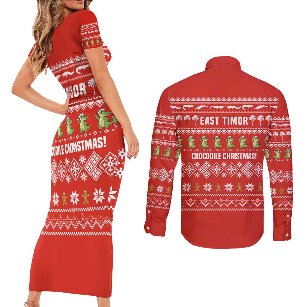 East Timor Christmas Couples Matching Short Sleeve Bodycon Dress and Long Sleeve Button Shirt with Santa Crocodile Gingerbread Palm Trees and Red Holiday - Wonder Print Shop
