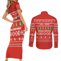 East Timor Christmas Couples Matching Short Sleeve Bodycon Dress and Long Sleeve Button Shirt with Santa Crocodile Gingerbread Palm Trees and Red Holiday - Wonder Print Shop