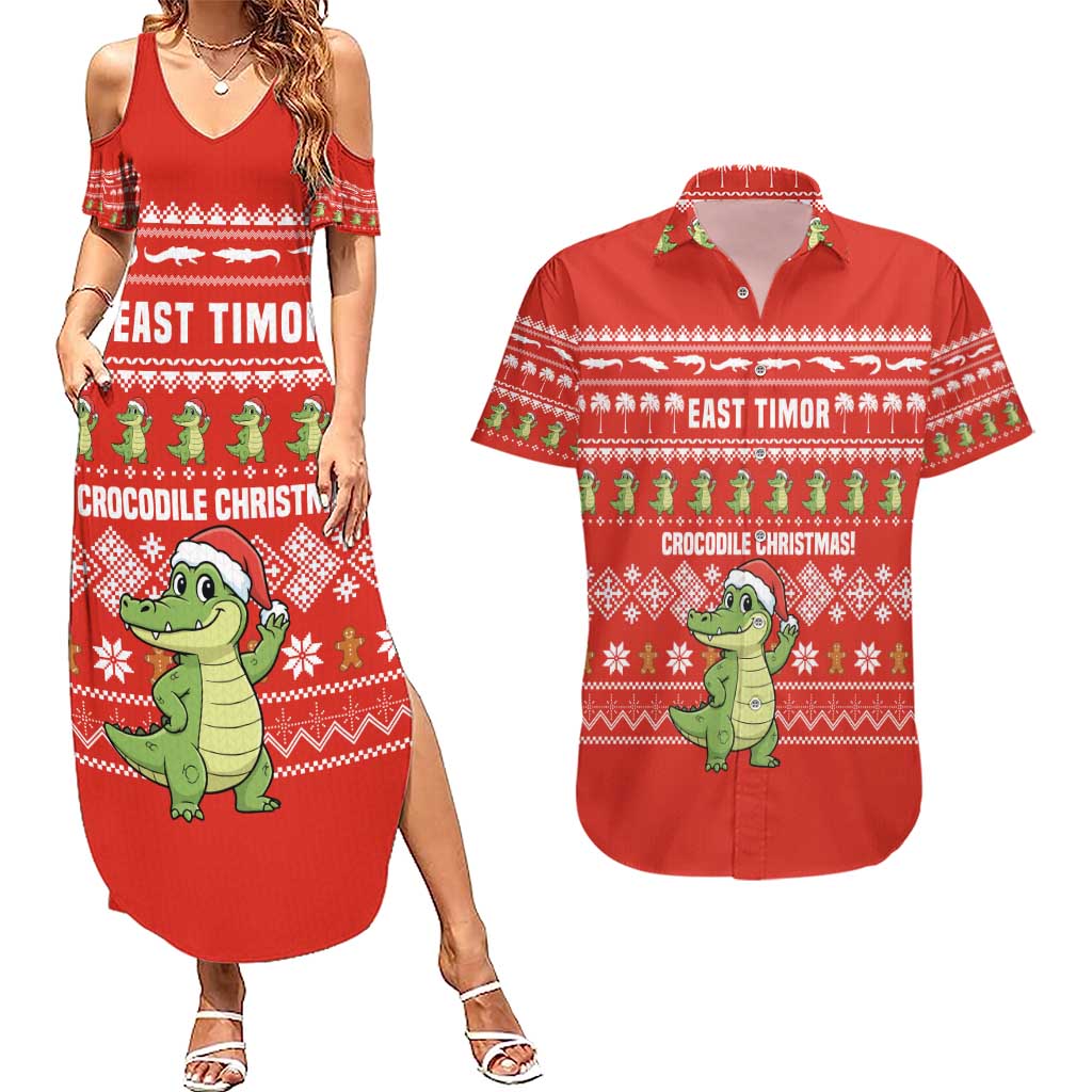 East Timor Christmas Couples Matching Summer Maxi Dress and Hawaiian Shirt with Santa Crocodile Gingerbread Palm Trees and Red Holiday - Wonder Print Shop