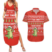 East Timor Christmas Couples Matching Summer Maxi Dress and Hawaiian Shirt with Santa Crocodile Gingerbread Palm Trees and Red Holiday - Wonder Print Shop