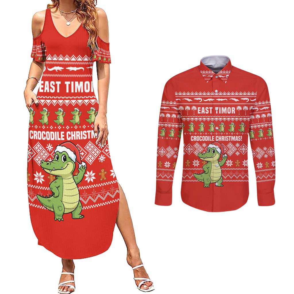East Timor Christmas Couples Matching Summer Maxi Dress and Long Sleeve Button Shirt with Santa Crocodile Gingerbread Palm Trees and Red Holiday - Wonder Print Shop