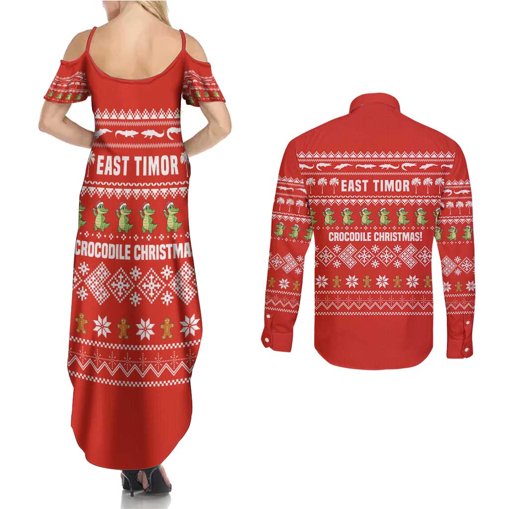 East Timor Christmas Couples Matching Summer Maxi Dress and Long Sleeve Button Shirt with Santa Crocodile Gingerbread Palm Trees and Red Holiday - Wonder Print Shop