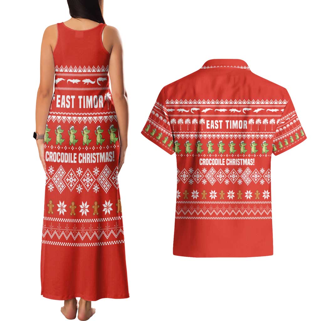 East Timor Christmas Couples Matching Tank Maxi Dress and Hawaiian Shirt with Santa Crocodile Gingerbread Palm Trees and Red Holiday - Wonder Print Shop
