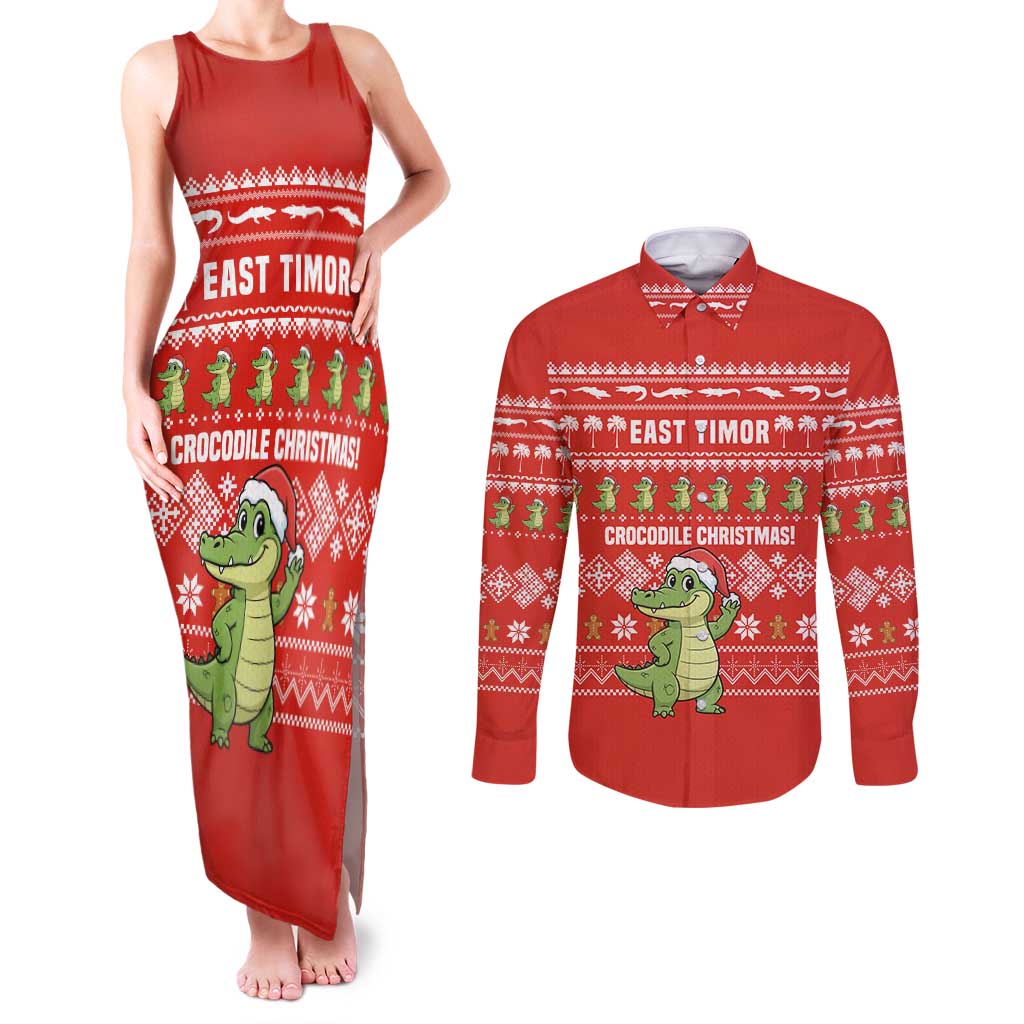 East Timor Christmas Couples Matching Tank Maxi Dress and Long Sleeve Button Shirt with Santa Crocodile Gingerbread Palm Trees and Red Holiday - Wonder Print Shop