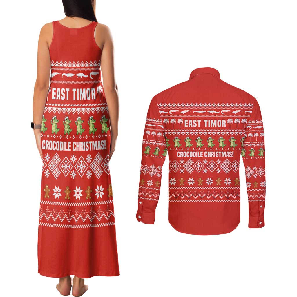East Timor Christmas Couples Matching Tank Maxi Dress and Long Sleeve Button Shirt with Santa Crocodile Gingerbread Palm Trees and Red Holiday - Wonder Print Shop