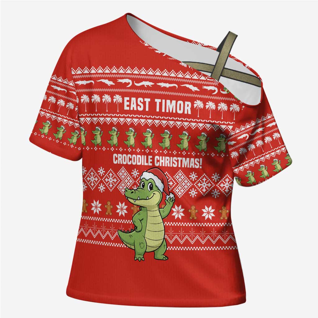 East Timor Christmas Cross Shoulder Shirt with Santa Crocodile Gingerbread Palm Trees and Red Holiday - Wonder Print Shop