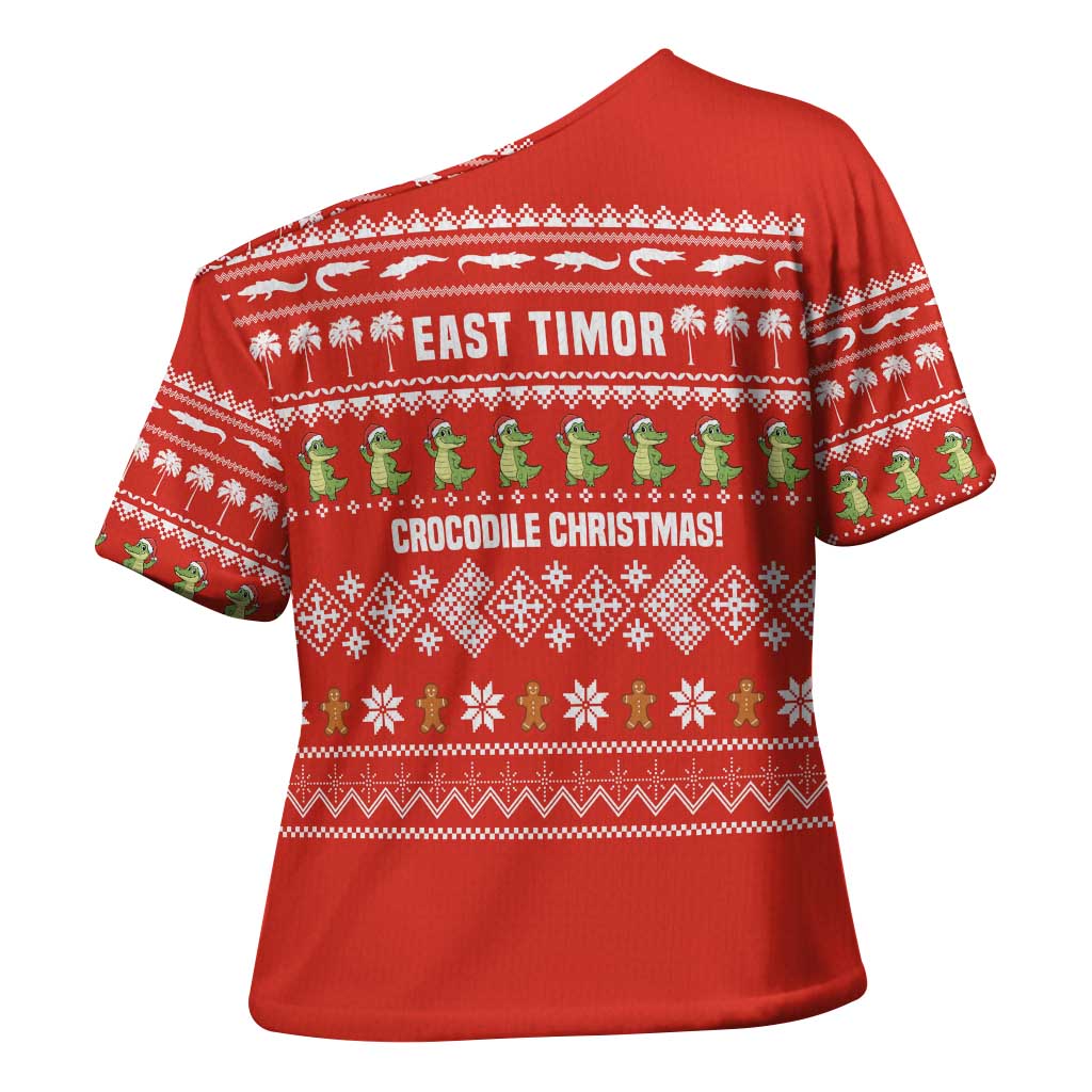 East Timor Christmas Cross Shoulder Shirt with Santa Crocodile Gingerbread Palm Trees and Red Holiday - Wonder Print Shop