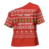 East Timor Christmas Cross Shoulder Shirt with Santa Crocodile Gingerbread Palm Trees and Red Holiday - Wonder Print Shop
