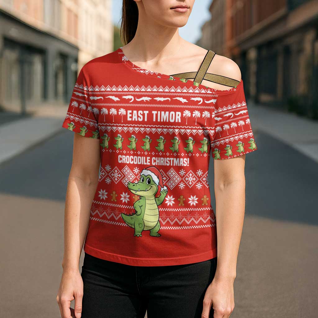 East Timor Christmas Cross Shoulder Shirt with Santa Crocodile Gingerbread Palm Trees and Red Holiday - Wonder Print Shop
