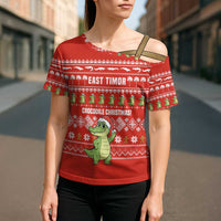East Timor Christmas Cross Shoulder Shirt with Santa Crocodile Gingerbread Palm Trees and Red Holiday - Wonder Print Shop