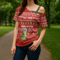 East Timor Christmas Cross Shoulder Shirt with Santa Crocodile Gingerbread Palm Trees and Red Holiday - Wonder Print Shop