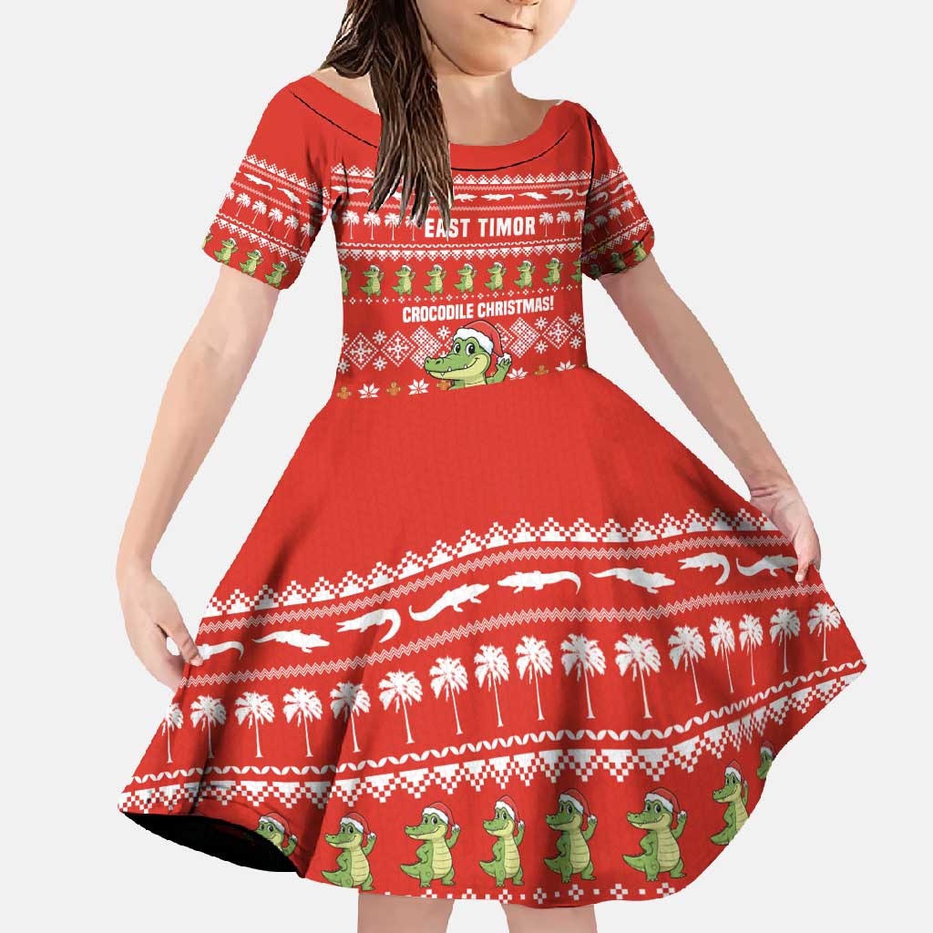 East Timor Christmas Family Matching Long Sleeve Bodycon Dress and Hawaiian Shirt with Santa Crocodile Gingerbread Palm Trees and Red Holiday - Wonder Print Shop