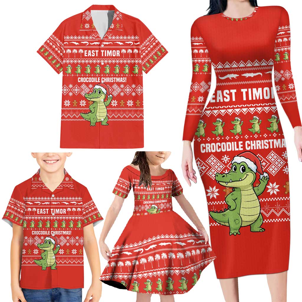 East Timor Christmas Family Matching Long Sleeve Bodycon Dress and Hawaiian Shirt with Santa Crocodile Gingerbread Palm Trees and Red Holiday - Wonder Print Shop