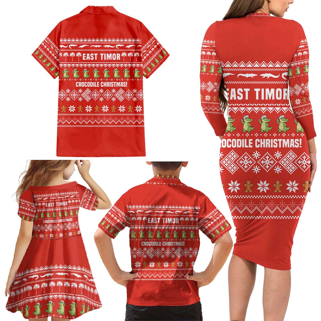 East Timor Christmas Family Matching Long Sleeve Bodycon Dress and Hawaiian Shirt with Santa Crocodile Gingerbread Palm Trees and Red Holiday - Wonder Print Shop