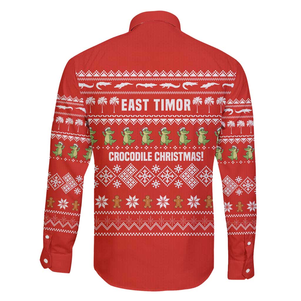 East Timor Christmas Family Matching Long Sleeve Bodycon Dress and Hawaiian Shirt with Santa Crocodile Gingerbread Palm Trees and Red Holiday - Wonder Print Shop