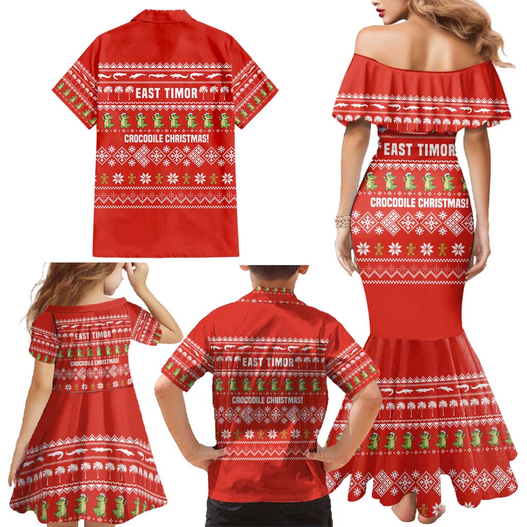 East Timor Christmas Family Matching Mermaid Dress and Hawaiian Shirt with Santa Crocodile Gingerbread Palm Trees and Red Holiday - Wonder Print Shop