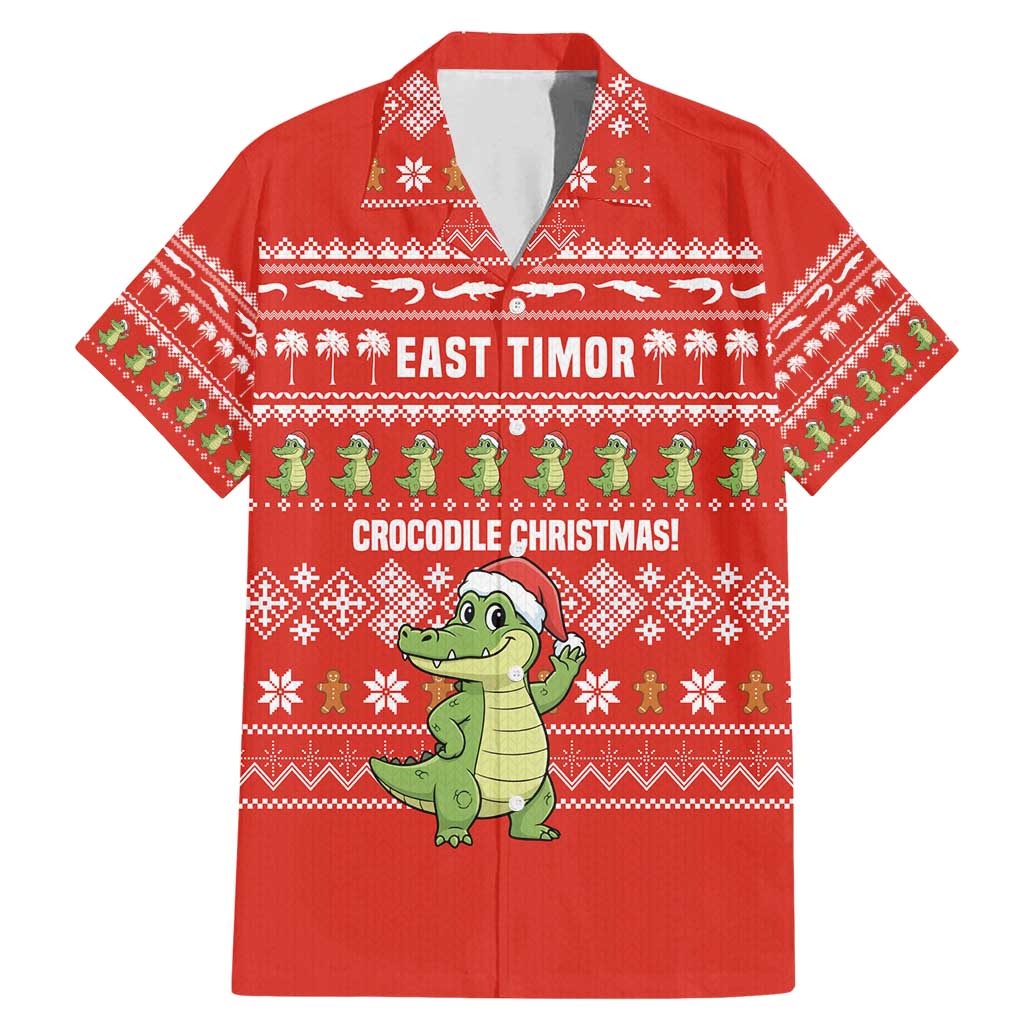 East Timor Christmas Family Matching Mermaid Dress and Hawaiian Shirt with Santa Crocodile Gingerbread Palm Trees and Red Holiday - Wonder Print Shop