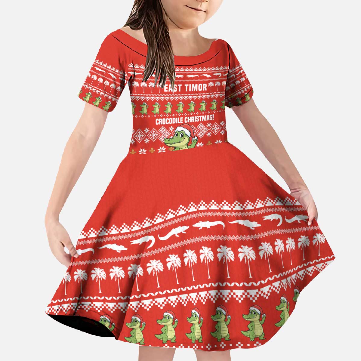 East Timor Christmas Family Matching Off The Shoulder Long Sleeve Dress and Hawaiian Shirt with Santa Crocodile Gingerbread Palm Trees and Red Holiday - Wonder Print Shop