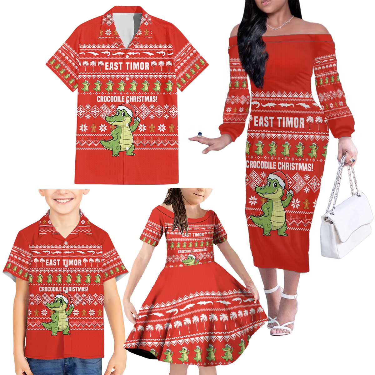East Timor Christmas Family Matching Off The Shoulder Long Sleeve Dress and Hawaiian Shirt with Santa Crocodile Gingerbread Palm Trees and Red Holiday - Wonder Print Shop
