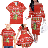East Timor Christmas Family Matching Off The Shoulder Long Sleeve Dress and Hawaiian Shirt with Santa Crocodile Gingerbread Palm Trees and Red Holiday - Wonder Print Shop