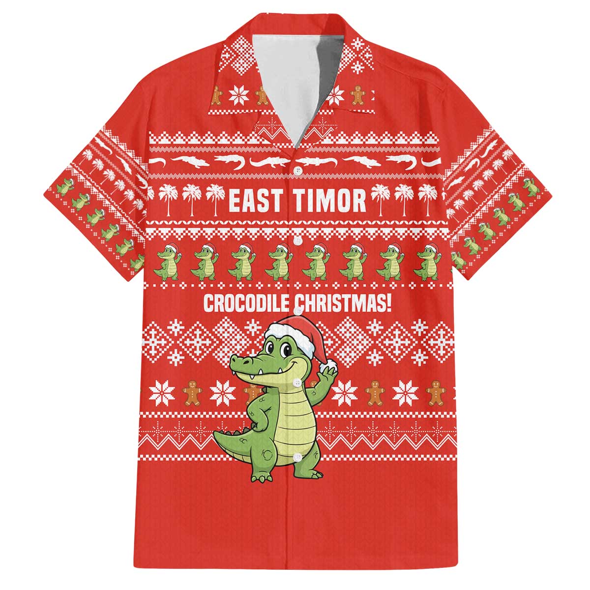 East Timor Christmas Family Matching Off The Shoulder Long Sleeve Dress and Hawaiian Shirt with Santa Crocodile Gingerbread Palm Trees and Red Holiday - Wonder Print Shop