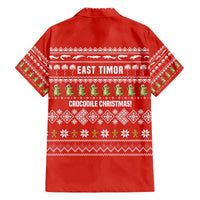 East Timor Christmas Family Matching Off The Shoulder Long Sleeve Dress and Hawaiian Shirt with Santa Crocodile Gingerbread Palm Trees and Red Holiday - Wonder Print Shop