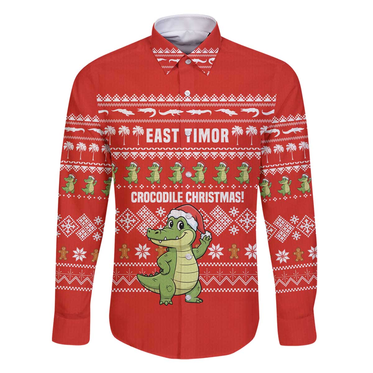 East Timor Christmas Family Matching Off The Shoulder Long Sleeve Dress and Hawaiian Shirt with Santa Crocodile Gingerbread Palm Trees and Red Holiday - Wonder Print Shop