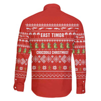 East Timor Christmas Family Matching Off The Shoulder Long Sleeve Dress and Hawaiian Shirt with Santa Crocodile Gingerbread Palm Trees and Red Holiday - Wonder Print Shop