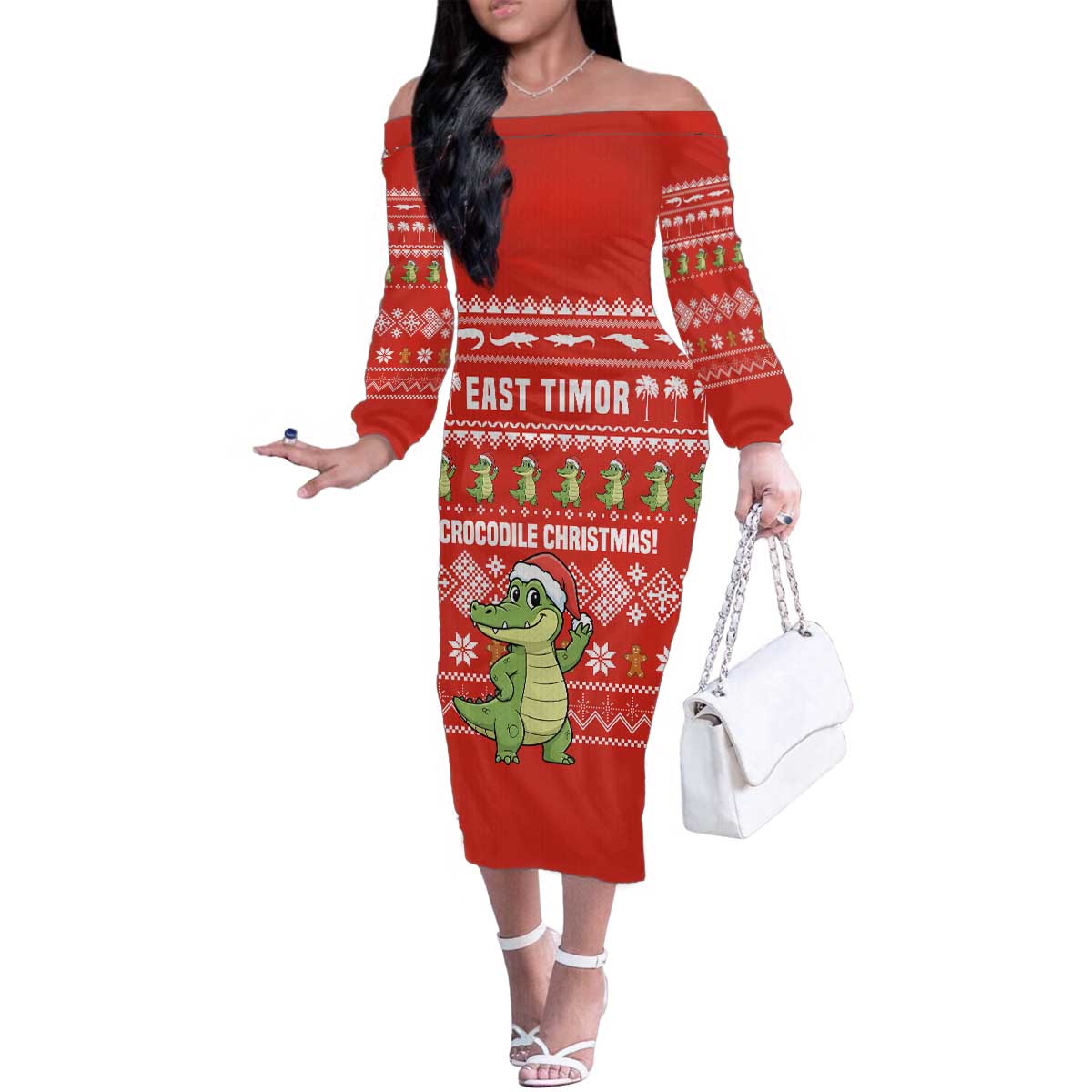 East Timor Christmas Family Matching Off The Shoulder Long Sleeve Dress and Hawaiian Shirt with Santa Crocodile Gingerbread Palm Trees and Red Holiday - Wonder Print Shop
