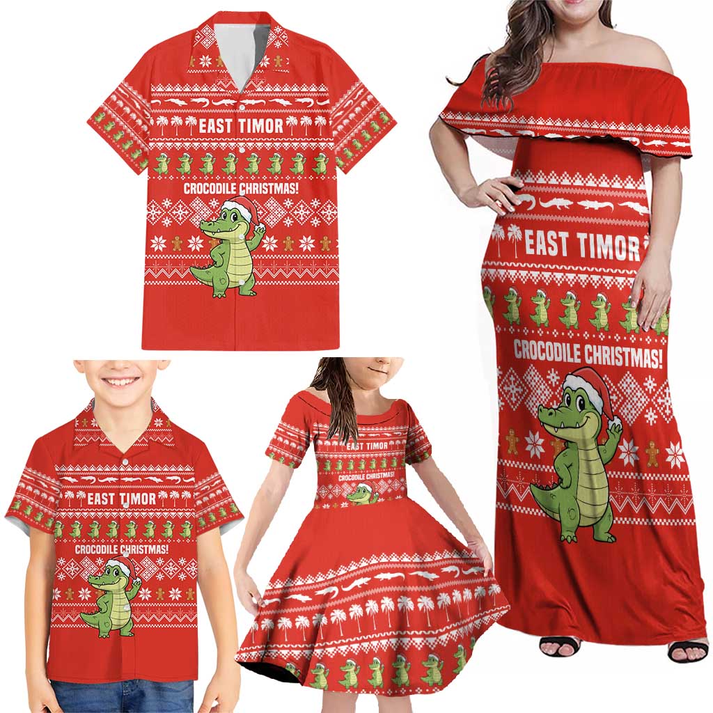 East Timor Christmas Family Matching Off Shoulder Maxi Dress and Hawaiian Shirt with Santa Crocodile Gingerbread Palm Trees and Red Holiday - Wonder Print Shop