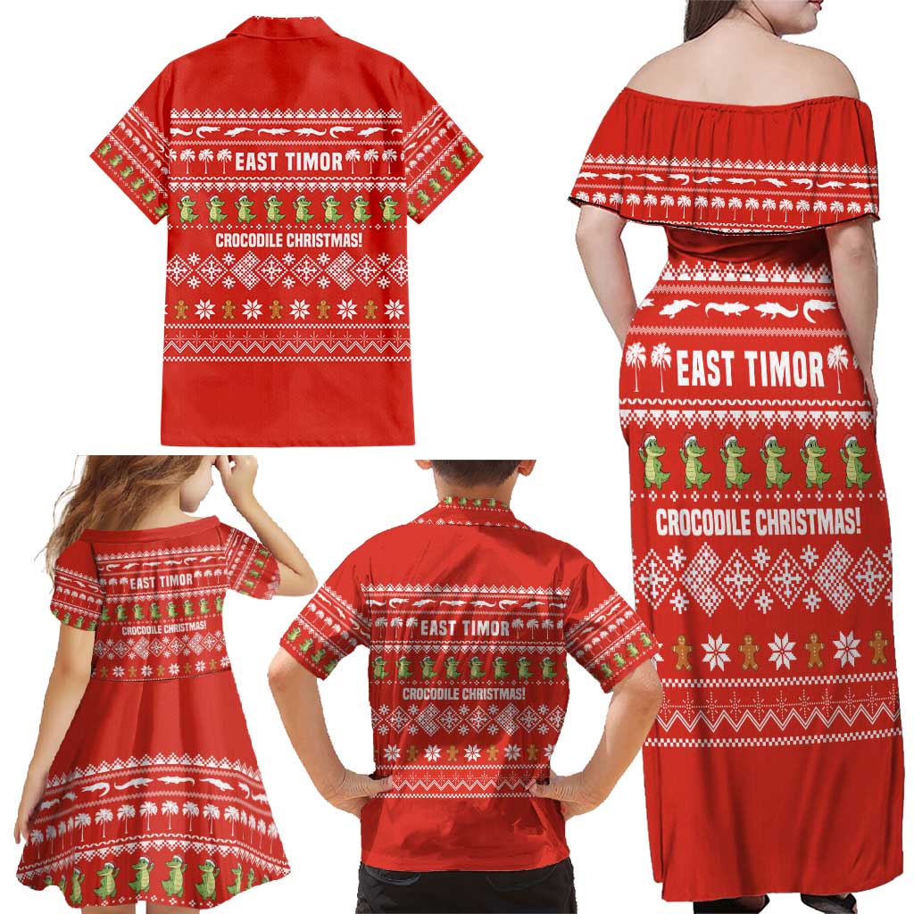 East Timor Christmas Family Matching Off Shoulder Maxi Dress and Hawaiian Shirt with Santa Crocodile Gingerbread Palm Trees and Red Holiday - Wonder Print Shop