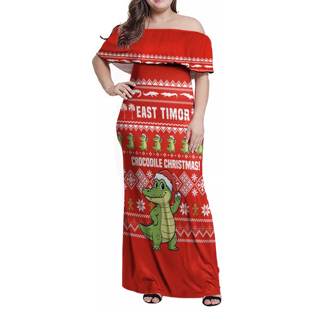East Timor Christmas Family Matching Off Shoulder Maxi Dress and Hawaiian Shirt with Santa Crocodile Gingerbread Palm Trees and Red Holiday - Wonder Print Shop
